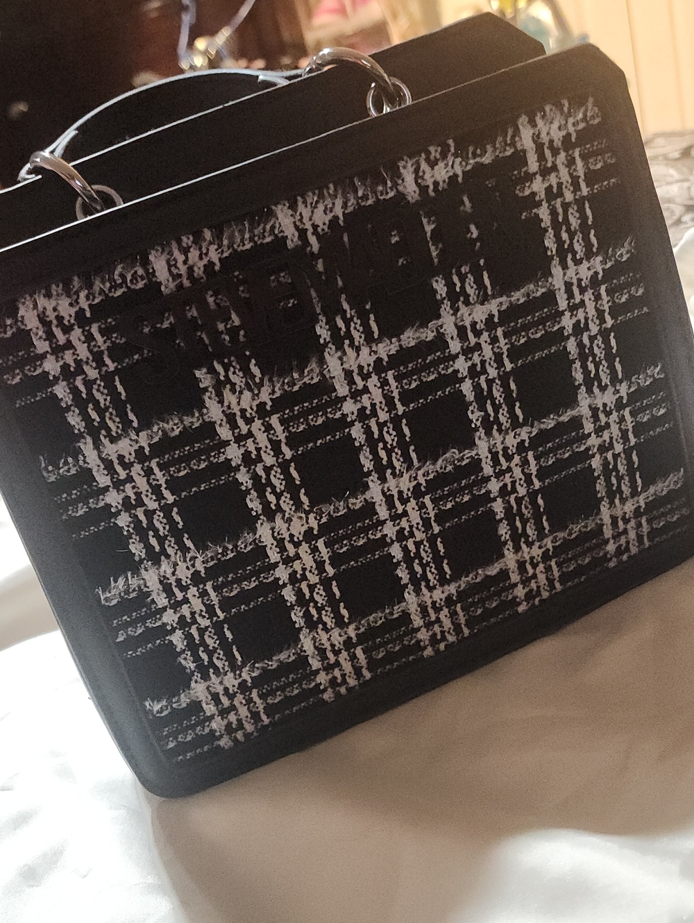 Chic Black & White Plaid Tote Bag - Structured Women's Handbag